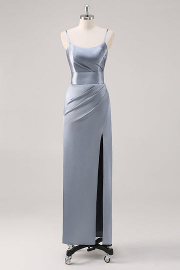 Ruched Grå Blå Spaghetti Stropper Kappe Brudepige Kjole med Slids